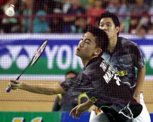 Simply too good: Kien Keat-Boon Heong making a return shot against Teik Chai-Bin Shen during their men&rsquo;s doubles final clash at the Malaysia Open in Johor Bharu yesterday. Kien Keat-Boon Heong wonn 21-11 21-13.