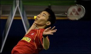 Malaysia's Lee Chong Wei competes against Germany's Dieter Domke, unseen, during the World Badminton Championships, in Hyderabad, India, Monday, Aug. 10, 2009.