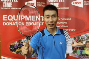 Lee Chong Wei with the racquet he donated to Badminton World Federation’s Equipment Donation Project.