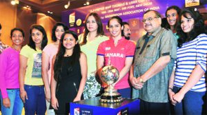 Saina Nehwal and her teammates at the launch of the 2014 Uber Cup on Wednesday.