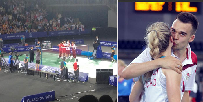 England celebrates after 3-0 win over India (left); Chris kisses wife Gabby after their victory in mixed doubles