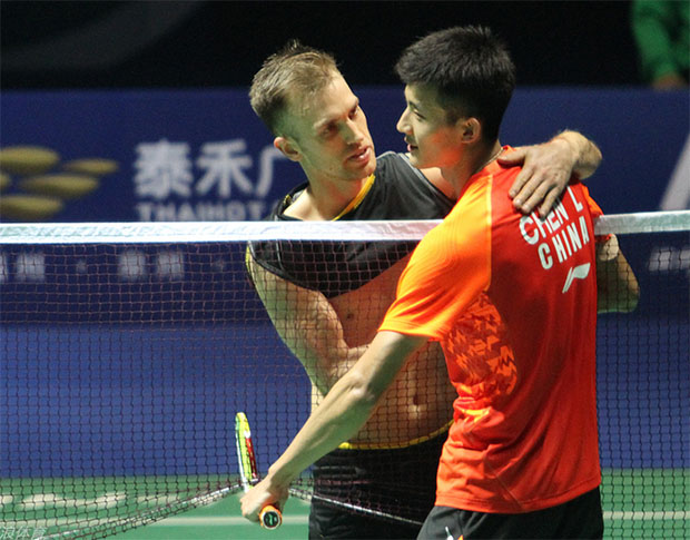 Marc Zwiebler console Chen Long after beating him at the second round of China Open