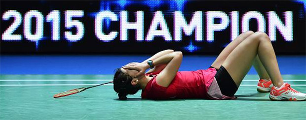 Carolina Marin celebrates after becoming the first Spaniard ever to win an All-England title