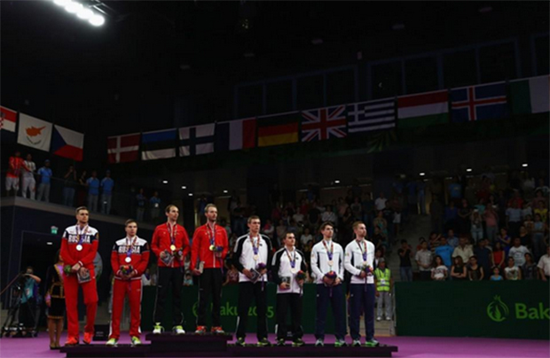 Mathias Boe/Carsten Mogensen and other men's doubles winners at the 2015 European Games in Baku. (photo: Getty)