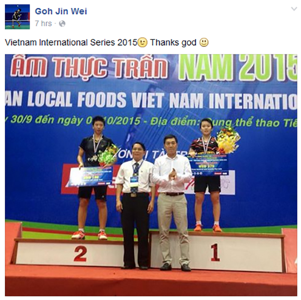Goh Jin Wei posted a Facebook photo of herself standing on the podium of 2015 Vietnam International Series. (photo: Goh Jin Wei's FB)