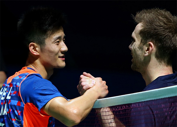 Chen Long shakes hands with Jan O Jorgensen after crushing the world No. 2 in straight sets.