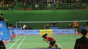 Ruthvika Shivani falls to his knees in celebration after her women's singles final victory over P.V Sindhu.(photo: PTI)