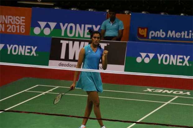 P.V Sindhu pumps her fist during her India Open second round against Busanan Ongbumrungphan. (photo: BAI)