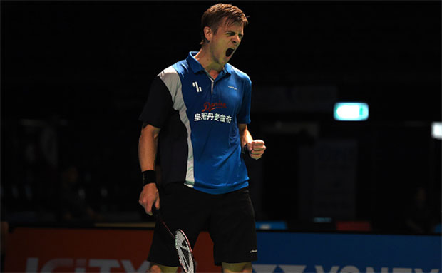 Denmark's Hans-Kristian Vittinghus celebrates after his victory over India's Srikanth Kidambi in the Australian Open men's singles semi-final. (photo: AFP)