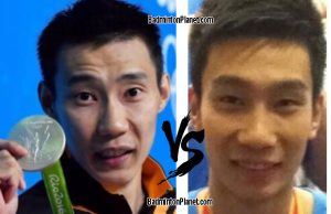 Lee Chong Wei vs player from Beijing Shougang basketball team.