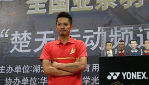 Lin Dan attends the Legend's Vision promotional tour in Wuhan, China.