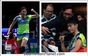 Goh Liu Ying/Chan Peng Soon celebrate after beating Zhang Nan/Li Yinhui in All England second round. (photo: AFP)