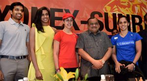 (From left)India's badminton head coach Pullela Gopichand, P.V. Sindhu, Carolina Marin, BAI President Akhilesh Das Gupta, and Saina Nehwal during a press conference at 2017 India Open World Superseries. (photo:PTI)