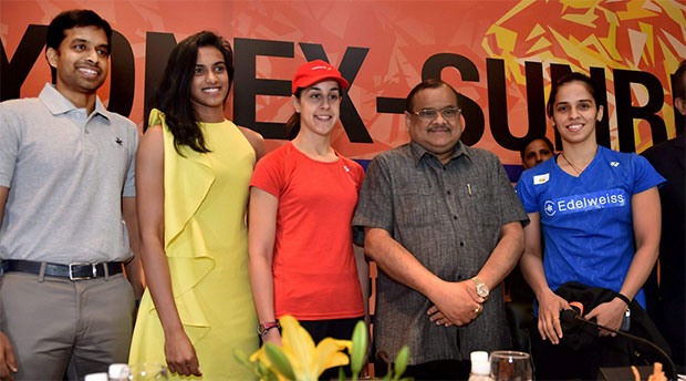 (From left)India's badminton head coach Pullela Gopichand, P.V. Sindhu, Carolina Marin, BAI President Akhilesh Das Gupta, and Saina Nehwal during a press conference at 2017 India Open World Superseries. (photo:PTI)