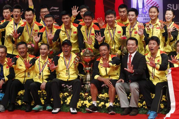 Team China pose on the podium during the award ceremony in the 2015 Sudirman Cup final. (photo: BWF)