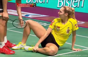 Gabrielle Adcock sprains her ankle in the 2017/2018 Premier Badminton League (PBL).