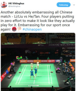 HK Vittinghus was unhappy when Li Junhui/Liu Yuchen tried "very hard" to lose to He Jiting/Tan Qiang in the China Open quarter-final. (photo: HK Vittinghus’ Twitter)