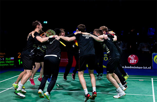 Germany's team members celebrate their 2019 European Mixed Team Badminton Championships semi-final win against Russia. (photo: Badminton Europe)