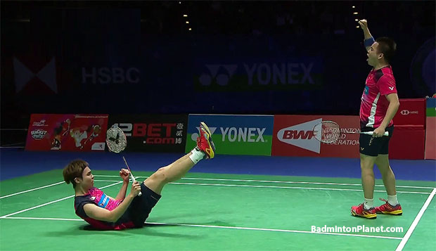 Aaron Chia/Soh Wooi Yik celebrate after beating the 2017 World Champions Liu Cheng/Zhang Nan in 2019 All England quarter-finals.