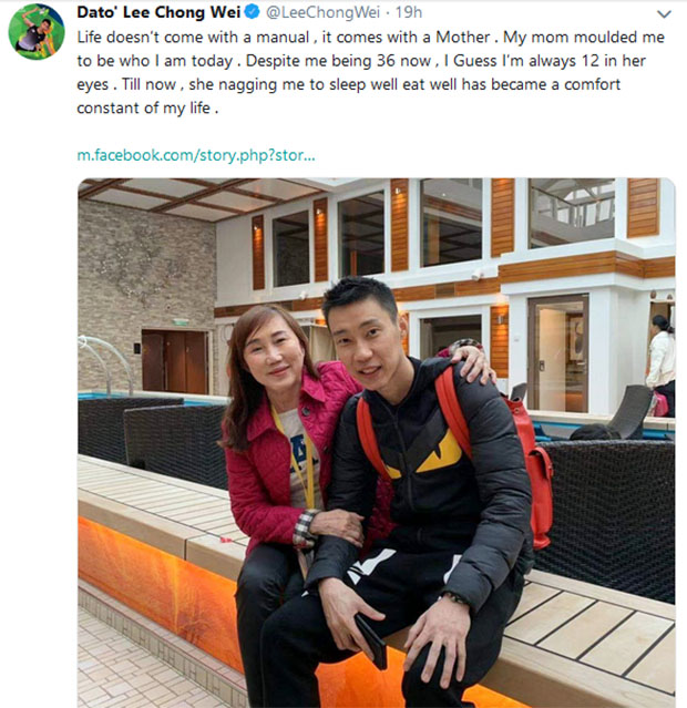 Lee Chong Wei pays tribute to his mother on Mother's Day. (photo: Lee Chong Wei's Twitter)