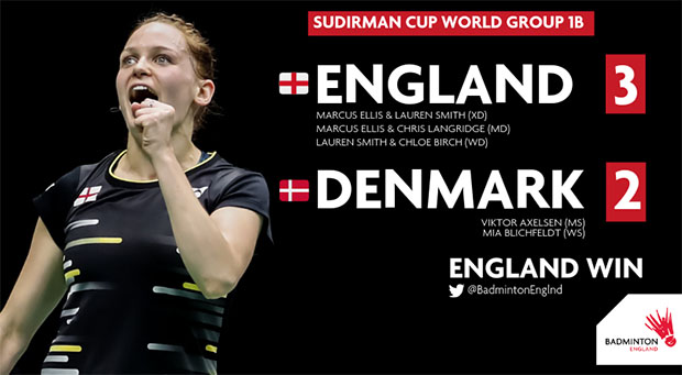 England shock Denmark 3-2 at Sudirman Cup on Monday. (photo: Badminton England)