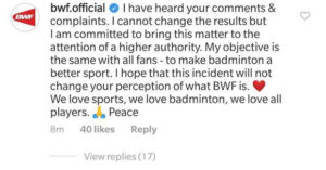 Statement from BWF about the controversial call made by Joerg Hupertz in the 2019 Hong Kong Open men's singles final. (photo: BWF)