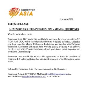 Manila replaces Wuhan as host city for 2020 Asia Championships. (photo: Badminton Asia)