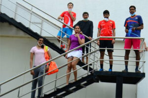 P.V. Sindhu (front left), women's doubles specialist N. Sikki Reddy, World Championship bronze medallist B. Sai Praneeth are at the Gopi Chand Academy in Hyderabad on Friday. (photo: thehindu)