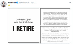 "I RETIRE" message from PV Sindhu. (photo: PV Sindhu's Twitter)