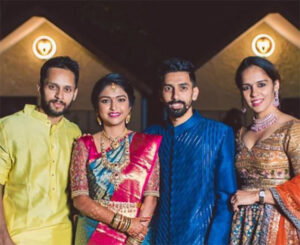 Parupalli Kashyap (left) and Saina Nehwal (right) attend the wedding of RMV Gurusai Dutt (second from right). (photo: Saina Nehwal's Facebook)
