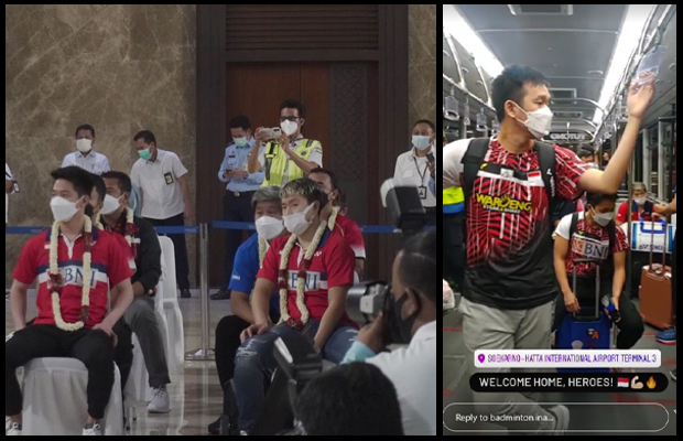 Kevin Sanjaya Sukamuljo, Marcus Fernaldi Gideon, Hendra Setiawan, and the whole Indonesian team have arrived safely in Indonesia Monday night Indonesian time. (photo: PBSI)