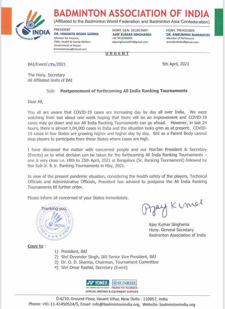 Official letter from BAI about the postponement of all domestic badminton tournaments in India. (photo: BAI)