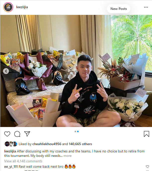 Lee Zii Jia issues an explanation for his withdrawal from 2021 Indonesia Masters. (photo: Lee Zii Jia's Instagram)