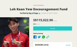 As of Jan 5, 2022, at 8.50 am (Singapore time), over S$115k was raised for Loh Kean Yew through crowdfunding. (photo: rayofhope.sg)