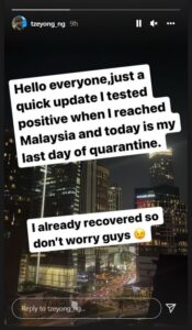 Insta Story from Ng Tze Yong. (photo: Ng Tze Yong's Instagram)