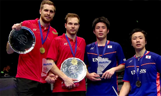 Vladimir Ivanov (left)/Ivan Sozonov (second left) defeated Hiroyuki Endo/Kenichi Hayakawa of Japan 21-23, 21-18, 21-16 to win the 2016 All England men's doubles title. (photo: BWF)