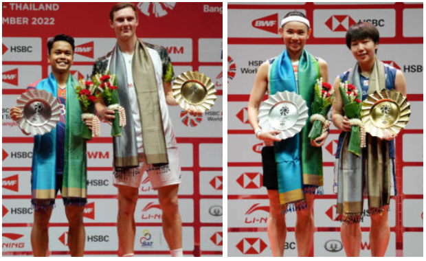 Anthony Sinisuka Ginting, Viktor Axelsen, Tai Tzu Ying, and Akane Yamaguchi (from left) pose for pictures at the 2022 BWF World Tour Finals awards ceremony. (photo: Shi Tang/Getty Images)