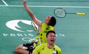 Lee Yang/Wang Chi-Lin celebrate after defeating Kim Astrup/Anders Skaarup Rasmussen in their second Group D match at the 2024 Paris Olympics. (Photo: AFP)