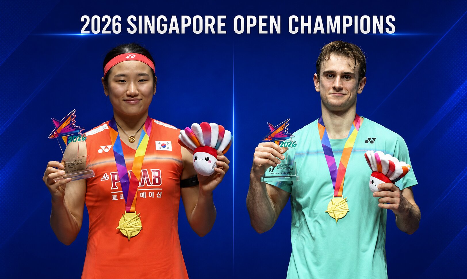 An Se Young and Alex Lanier celebrate their Singapore Open badminton titles after winning the women’s singles and men’s singles finals. (Photo: AFP)